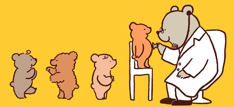 白い医師の白衣を着たクマが、四匹の小さなクマを診察している
